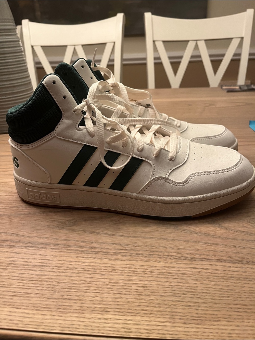 adidas Men’s Cream High-Top Sneakers with Dark Green Stripes - Size 11.5